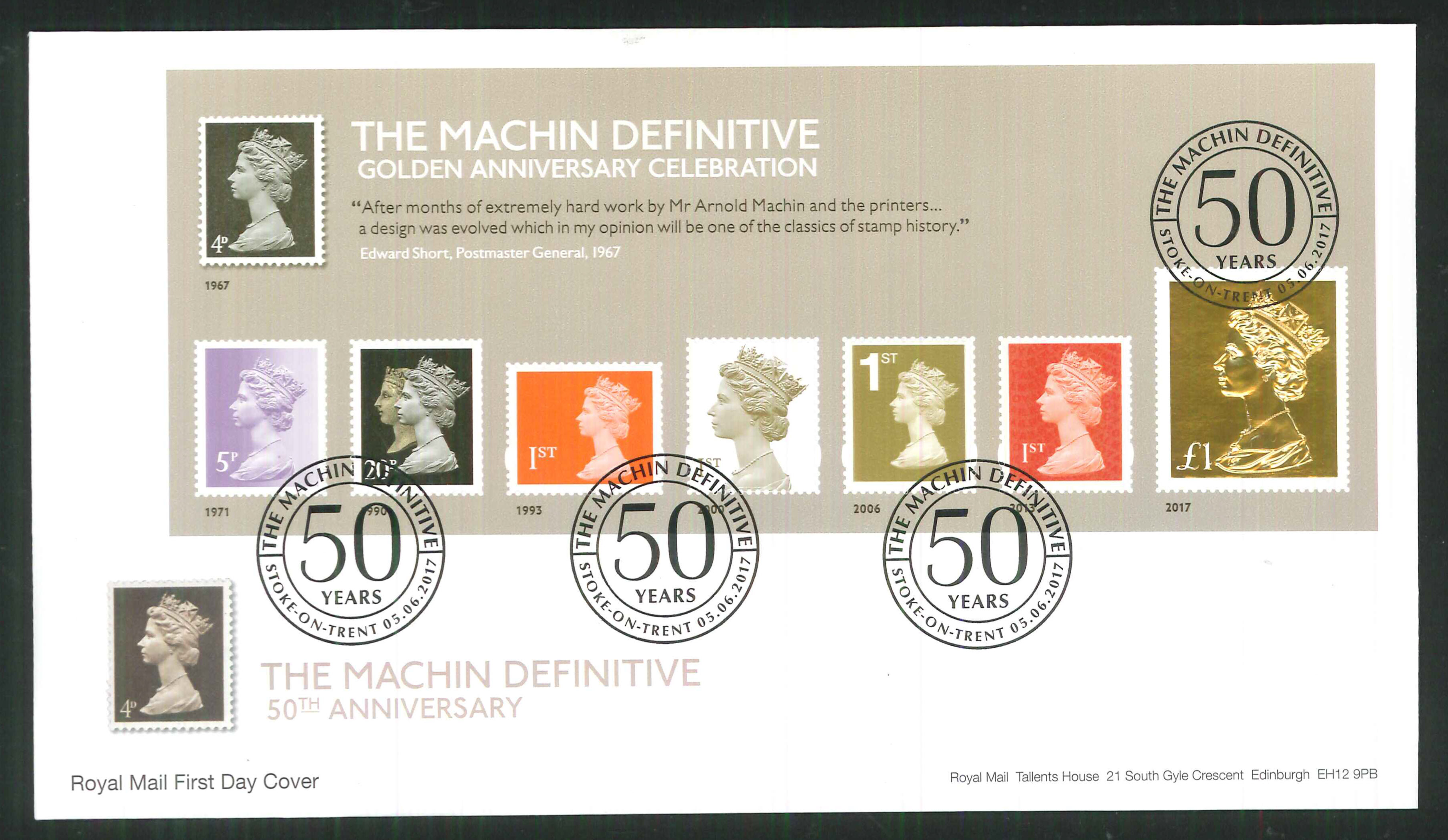 2017 - First Day Cover Machin Mini Sheet Gold 50 Years Stoke on Trent Postmark